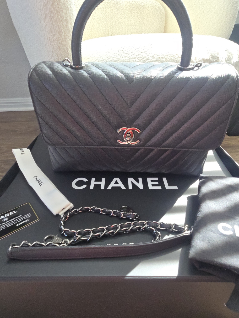 CHANEL Coco Handle Chevron Caviar Bag – Grayish Black